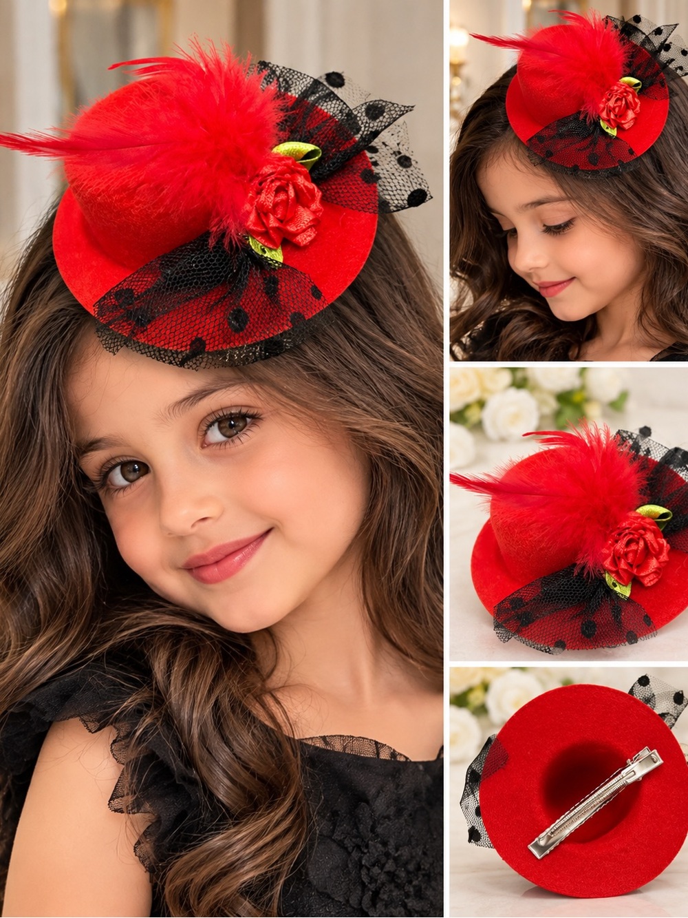 Elegant Red Mini Fascinator Hat with Feather & Rose